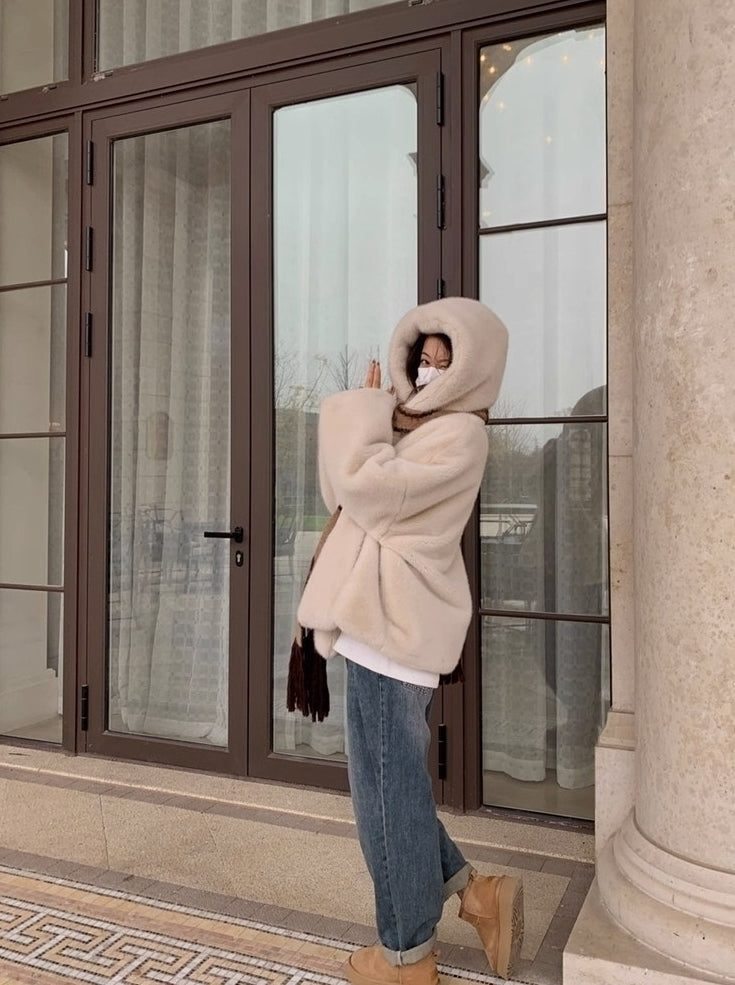 Beige Plush Hooded Winter Jacket