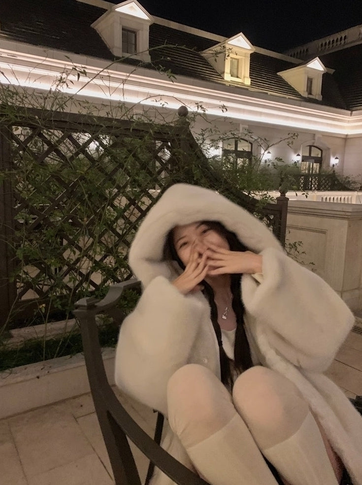 Beige Plush Hooded Winter Jacket