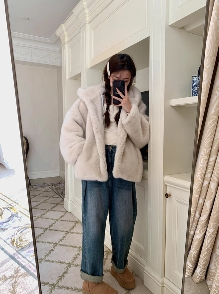Beige Plush Hooded Winter Jacket