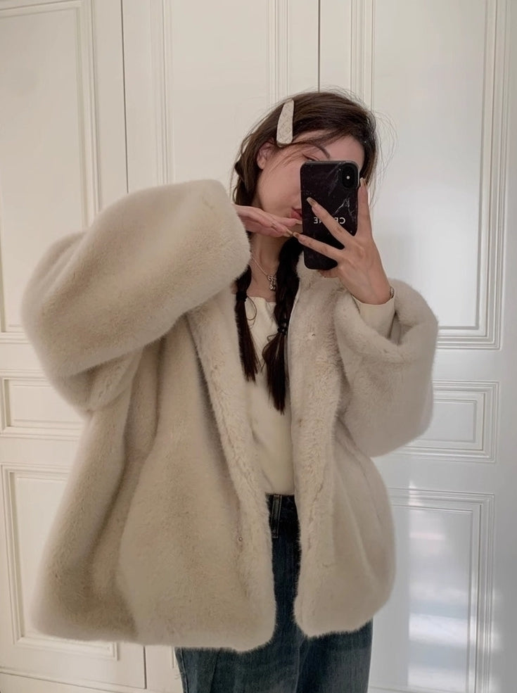 Beige Plush Hooded Winter Jacket