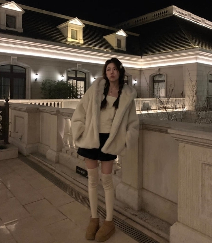 Beige Plush Hooded Winter Jacket