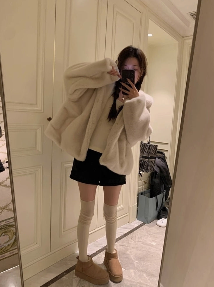 Beige Plush Hooded Winter Jacket