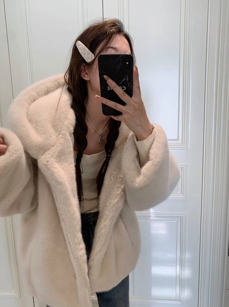 Beige Plush Hooded Winter Jacket