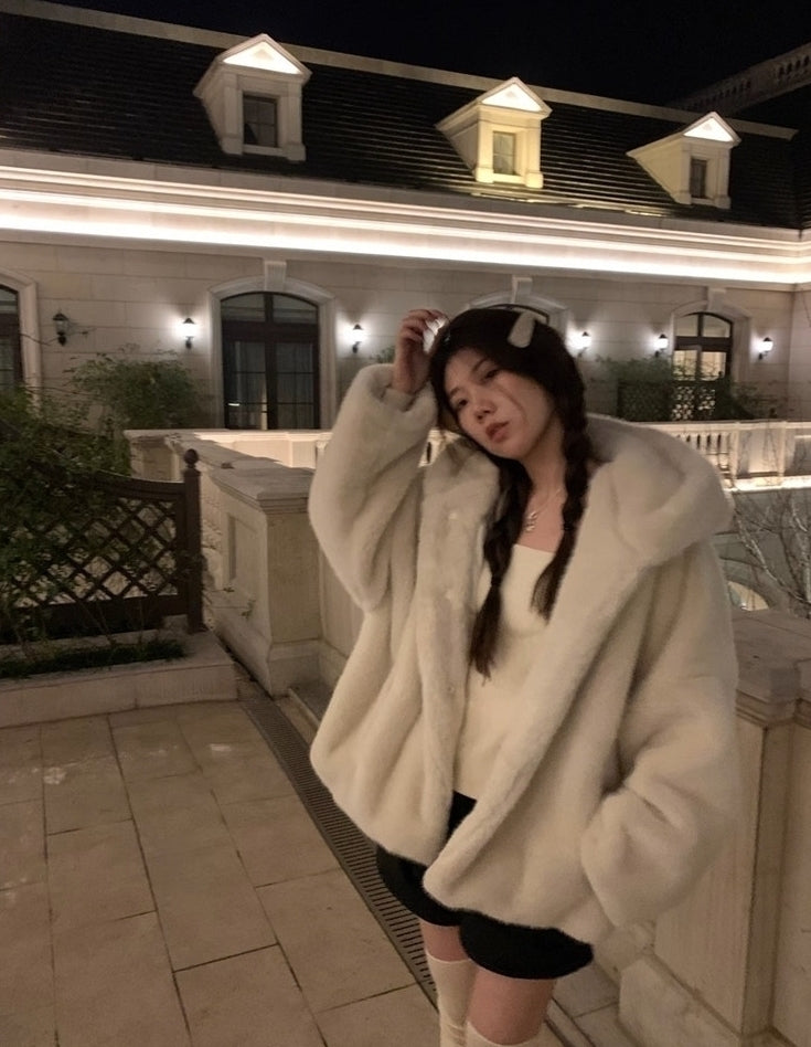 Beige Plush Hooded Winter Jacket
