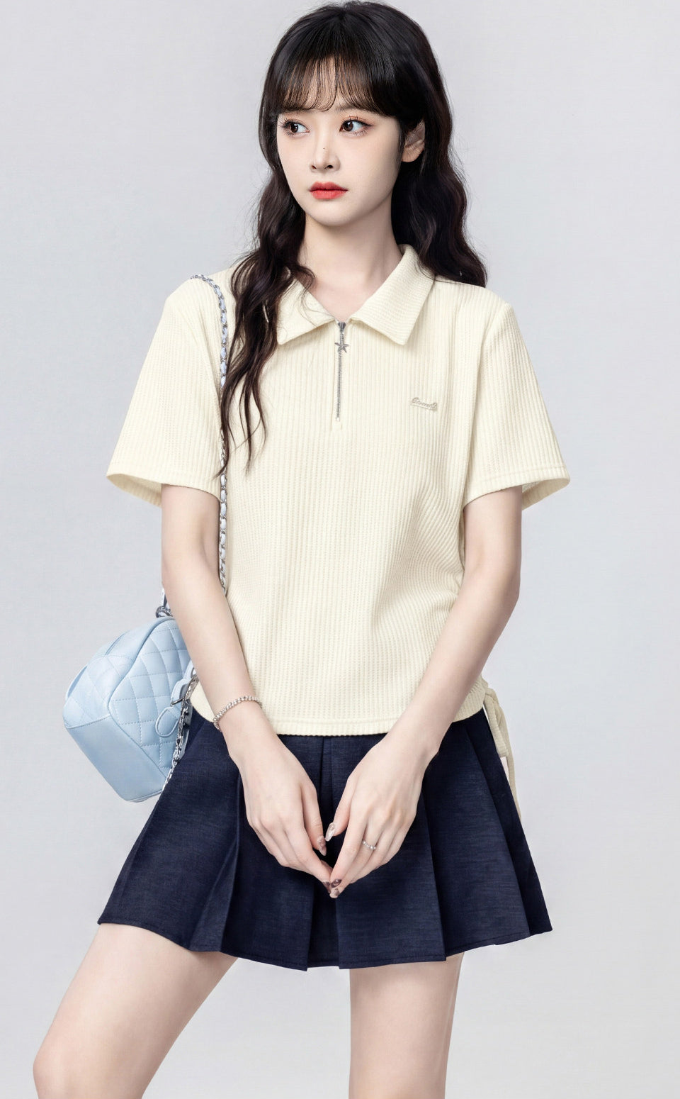 Beige Polo Neck Short Sleeve Top