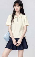 Beige Polo Neck Short Sleeve Top