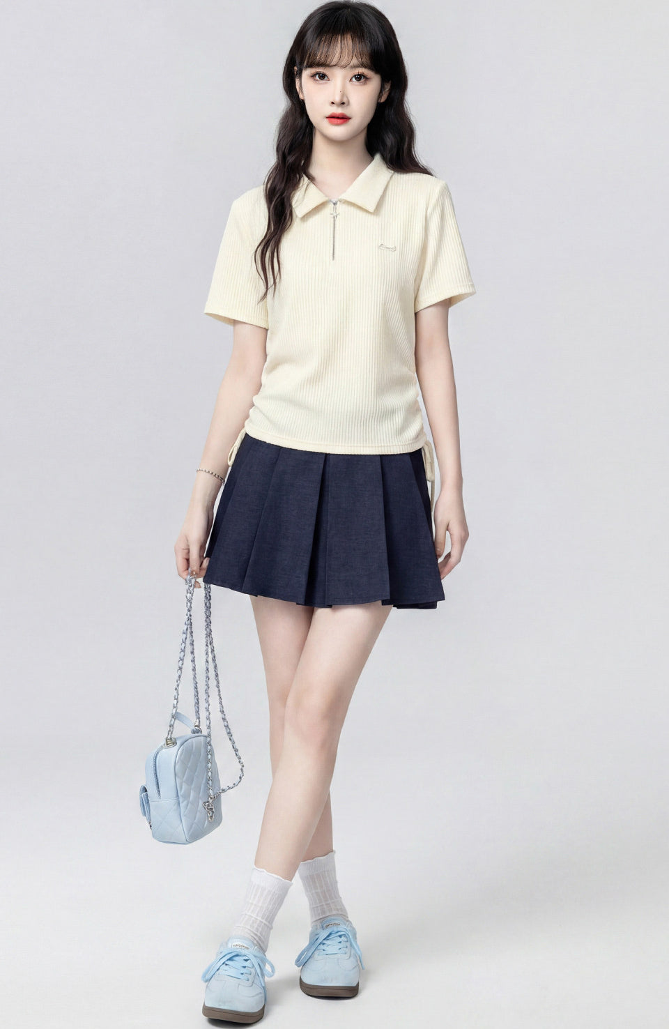 Beige Polo Neck Short Sleeve Top
