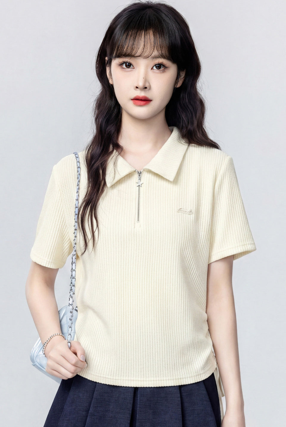 Beige Polo Neck Short Sleeve Top