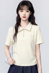 Beige Polo Neck Short Sleeve Top