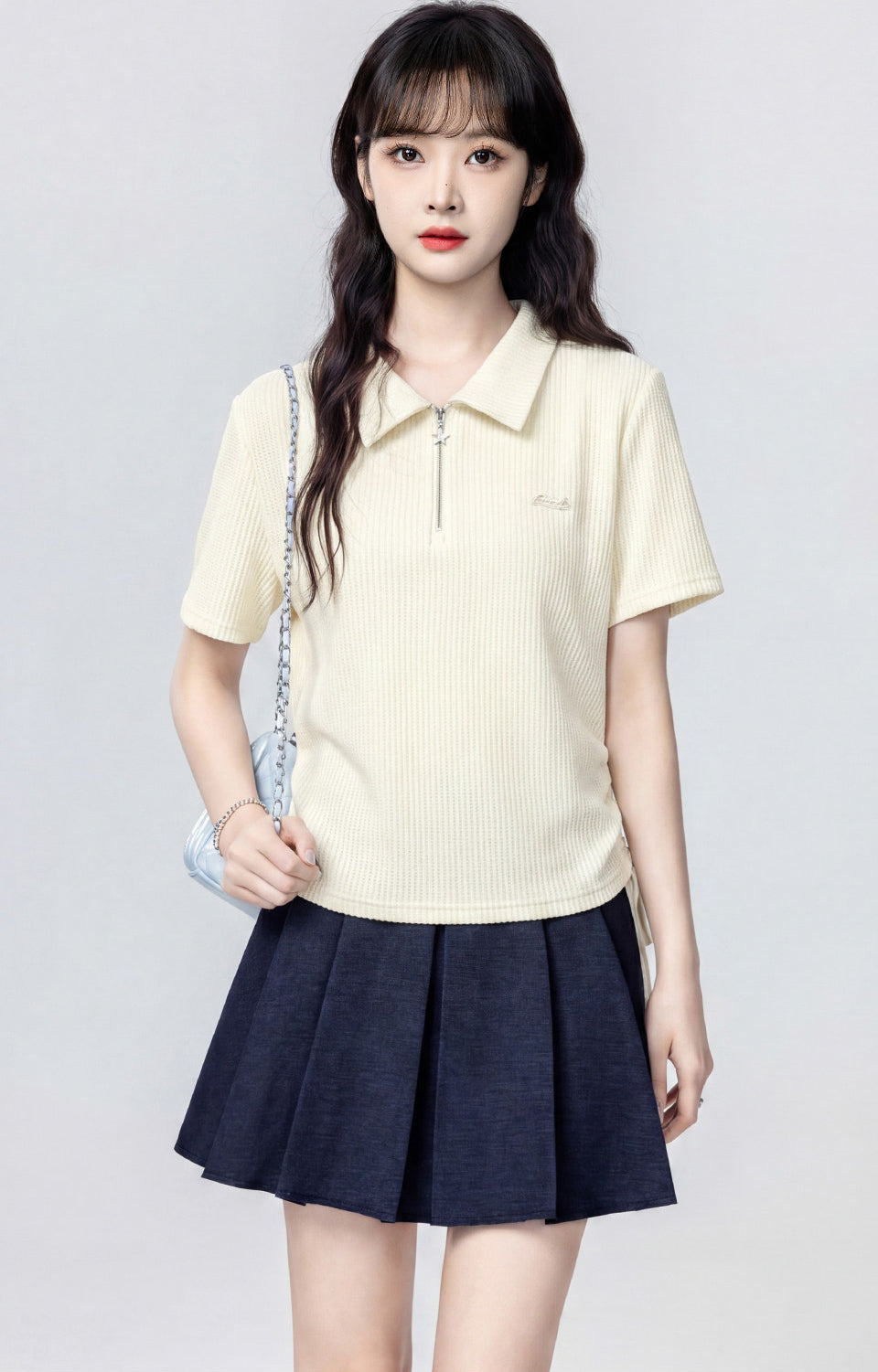 Beige Polo Neck Short Sleeve Top