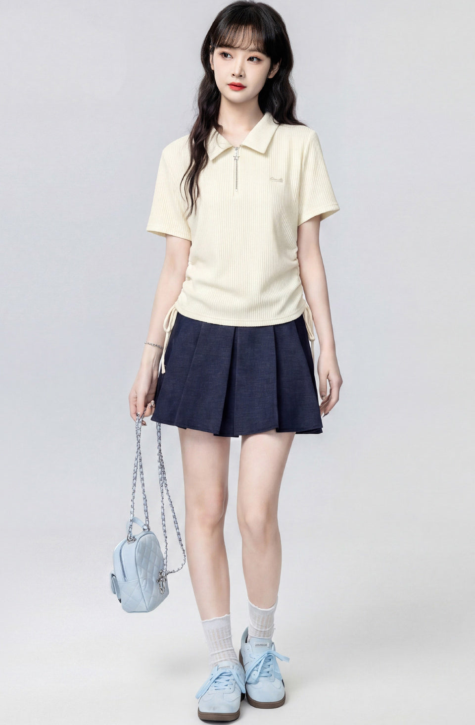 Beige Polo Neck Short Sleeve Top