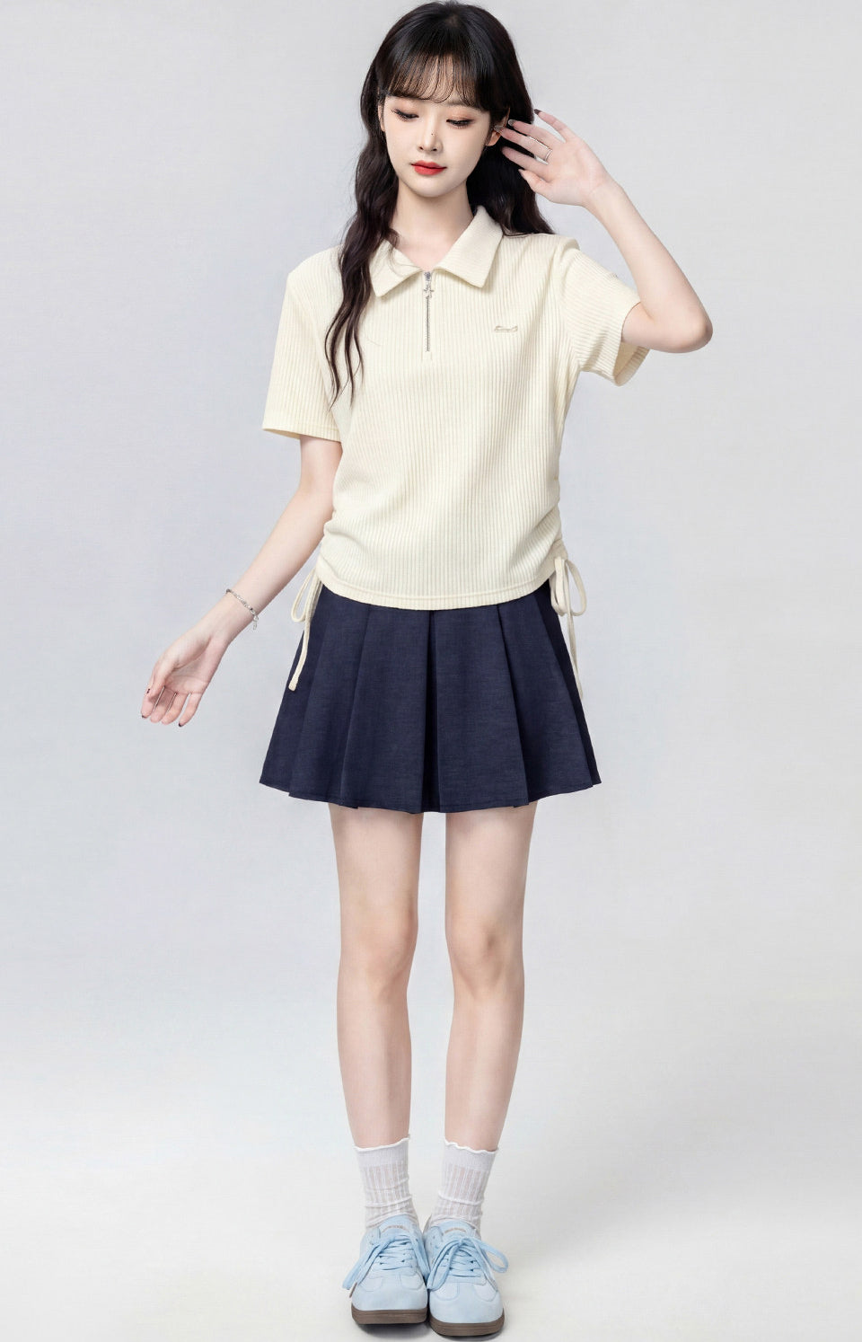 Beige Polo Neck Short Sleeve Top