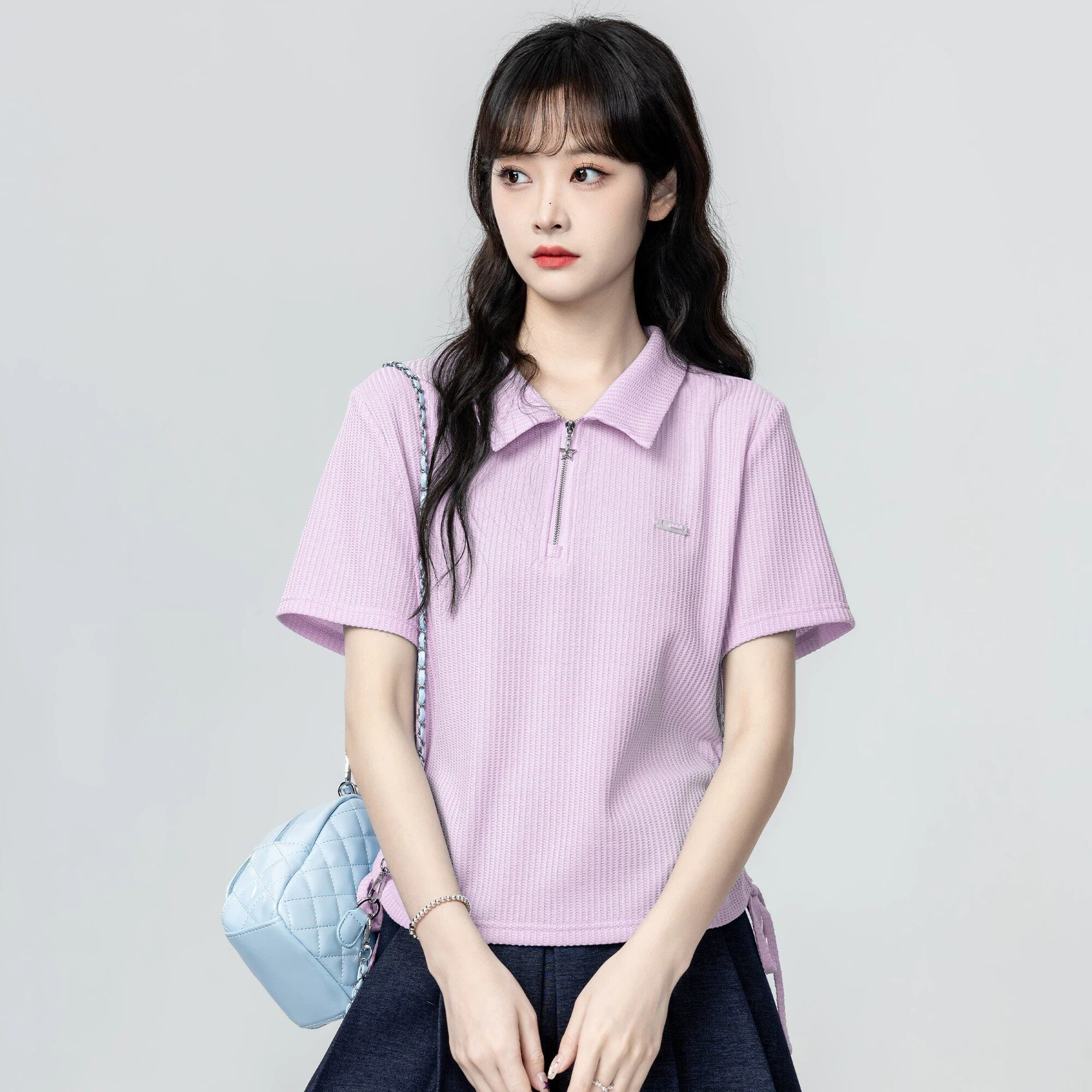 Beige Polo Neck Short Sleeve Top