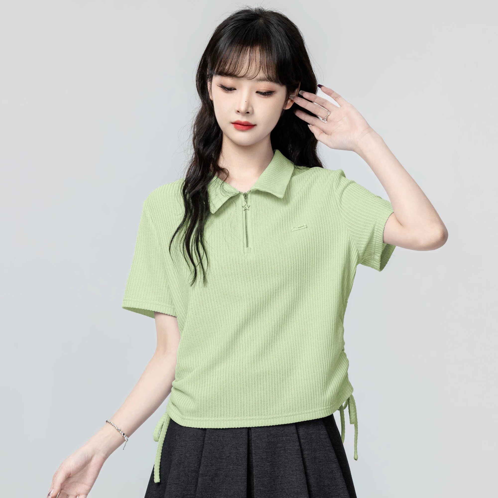 Beige Polo Neck Short Sleeve Top