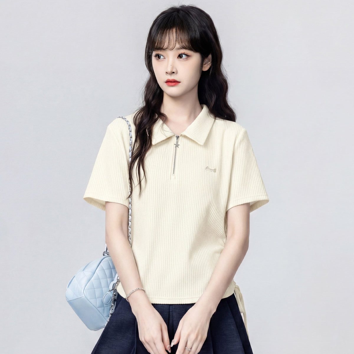 Beige Polo Neck Short Sleeve Top