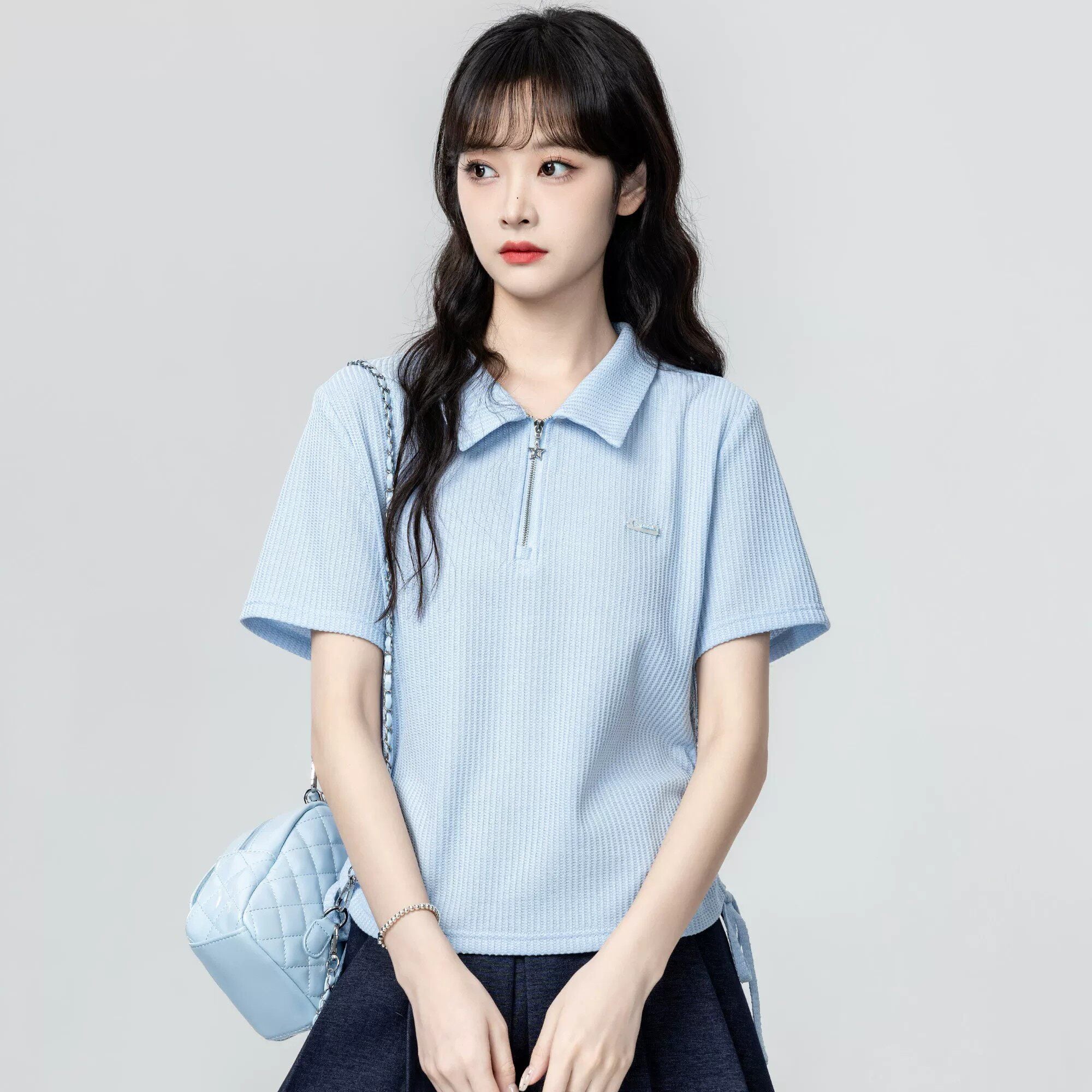 Beige Polo Neck Short Sleeve Top
