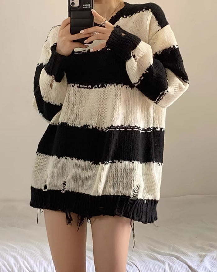 Beige Ragged Style Stripes Sweater