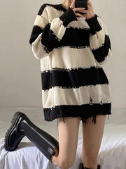 Beige Ragged Style Stripes Sweater