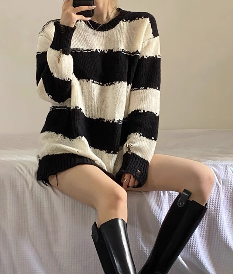 Beige Ragged Style Stripes Sweater