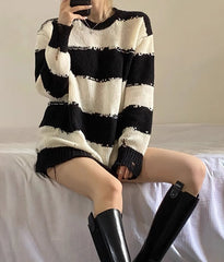 Beige Ragged Style Stripes Sweater