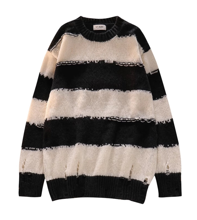 Beige Ragged Style Stripes Sweater