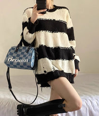 Beige Ragged Style Stripes Sweater