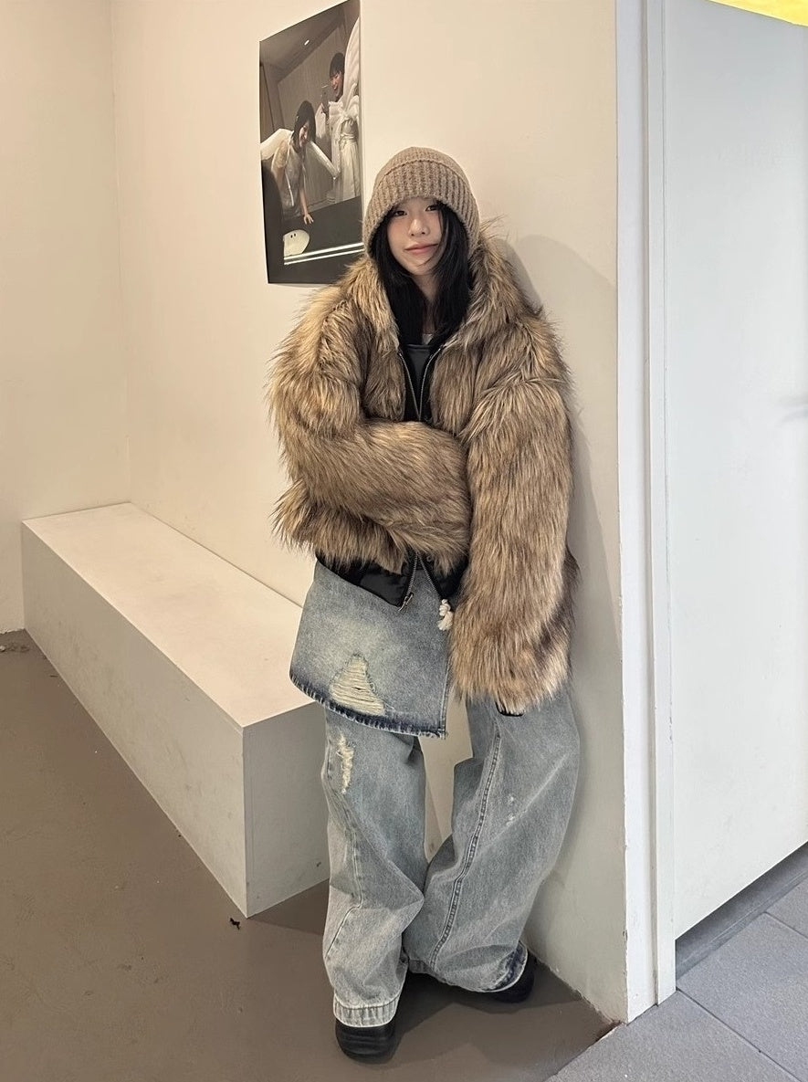 Beige Reversible Faux Fur Jacket