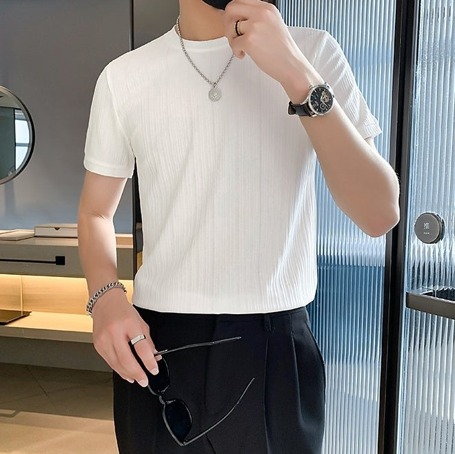 Beige Ribbed Casual T-Shirt
