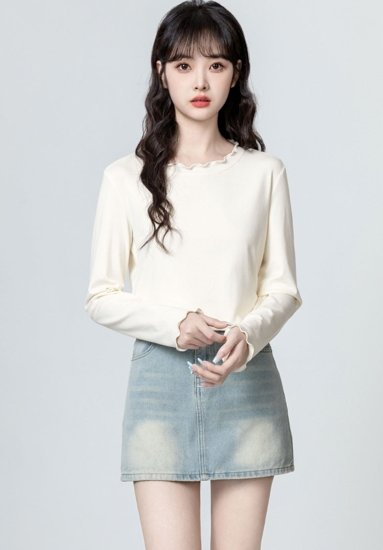 Beige Ruffled Long Sleeve Casual Layering Top
