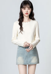 Beige Ruffled Long Sleeve Casual Layering Top