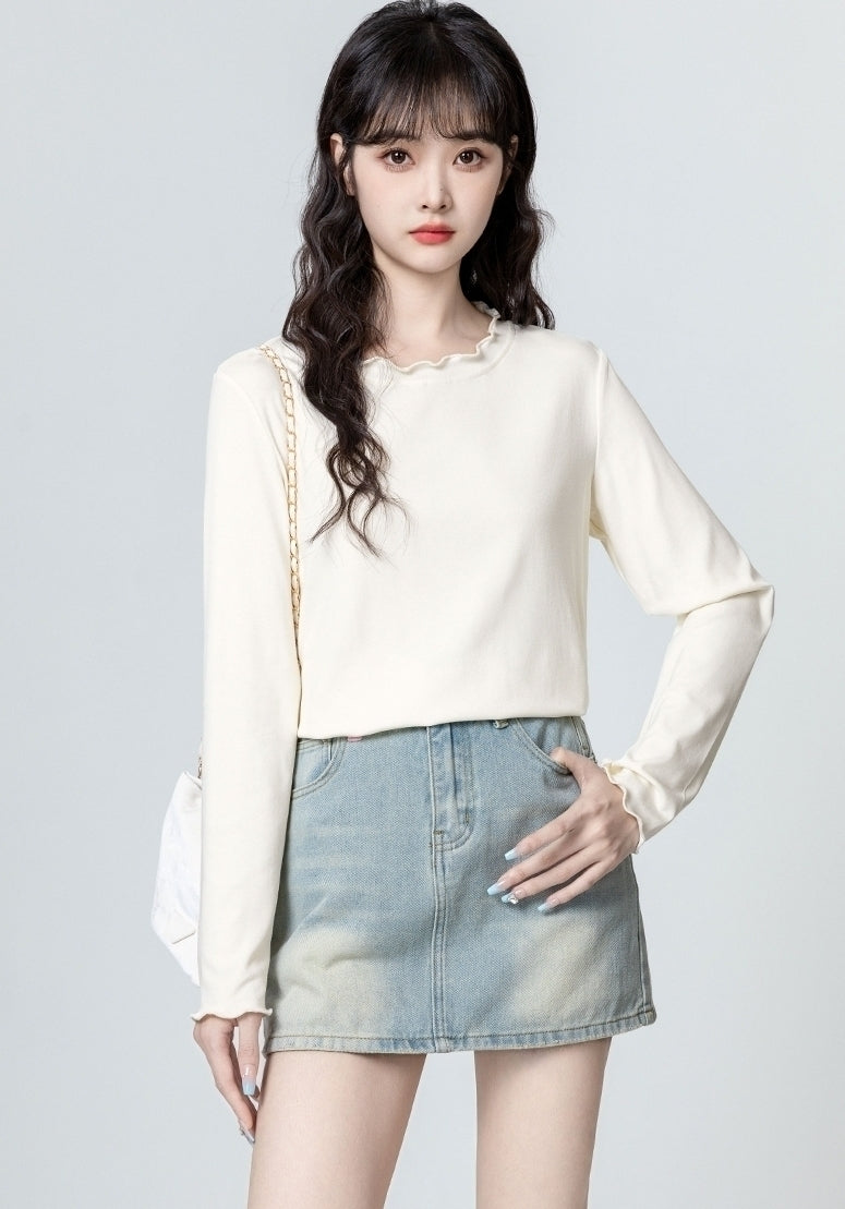 Beige Ruffled Long Sleeve Casual Layering Top