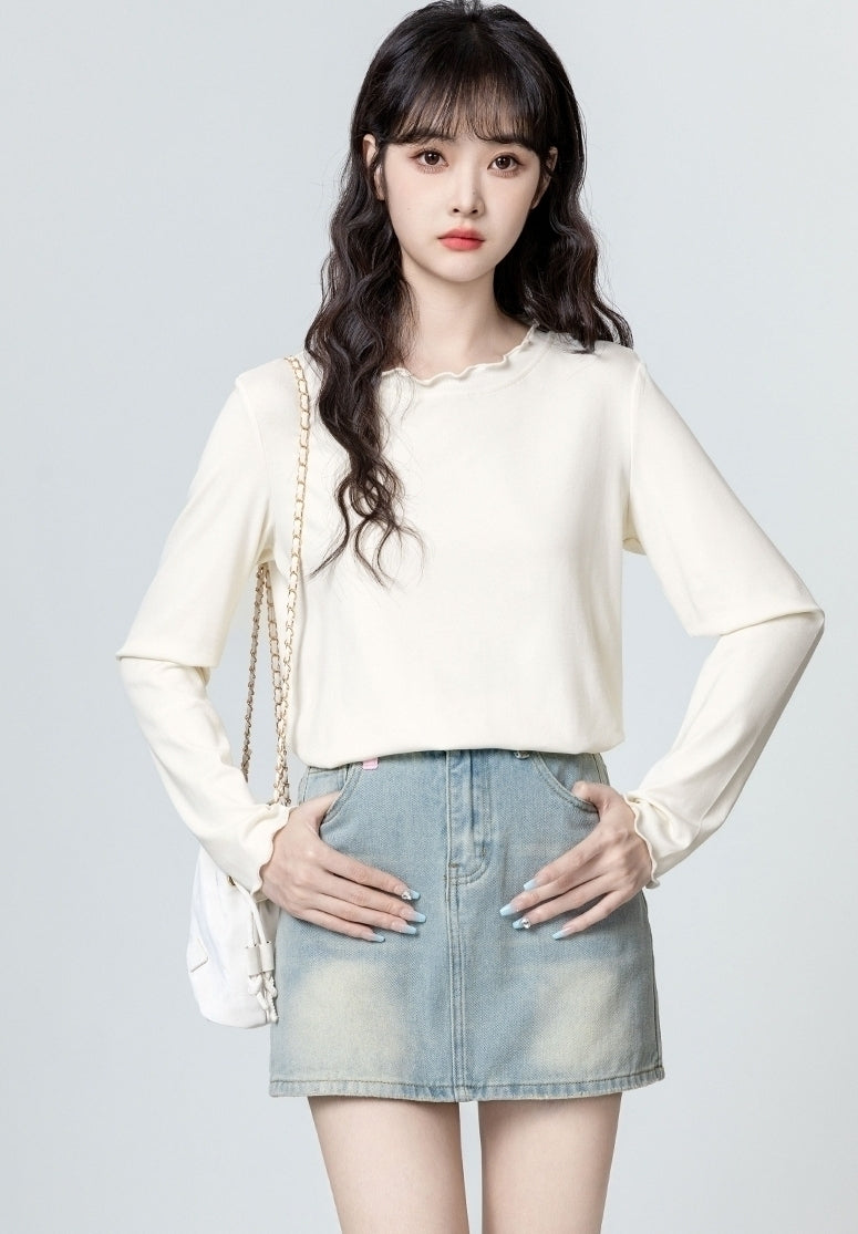 Beige Ruffled Long Sleeve Casual Layering Top