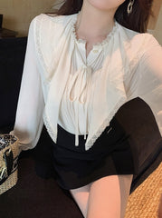 Beige Ruffles Lace Flowy Blouse