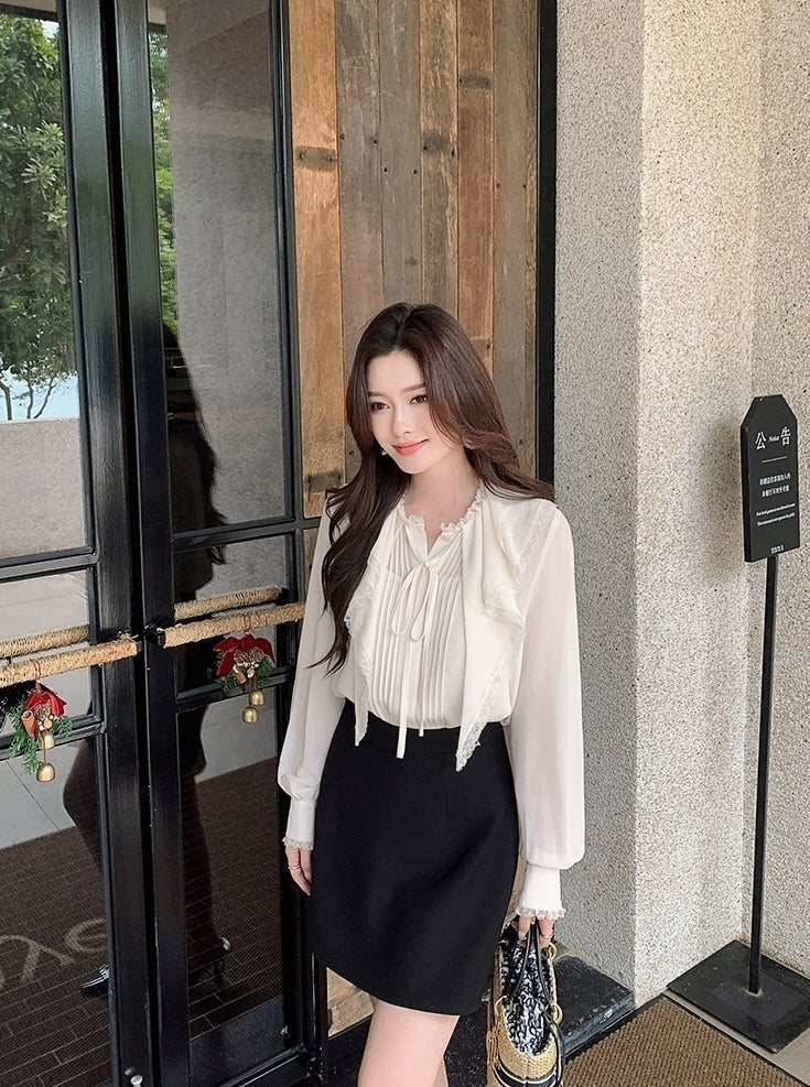 Beige Ruffles Lace Flowy Blouse