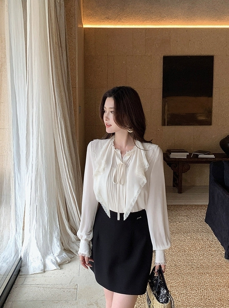 Beige Ruffles Lace Flowy Blouse