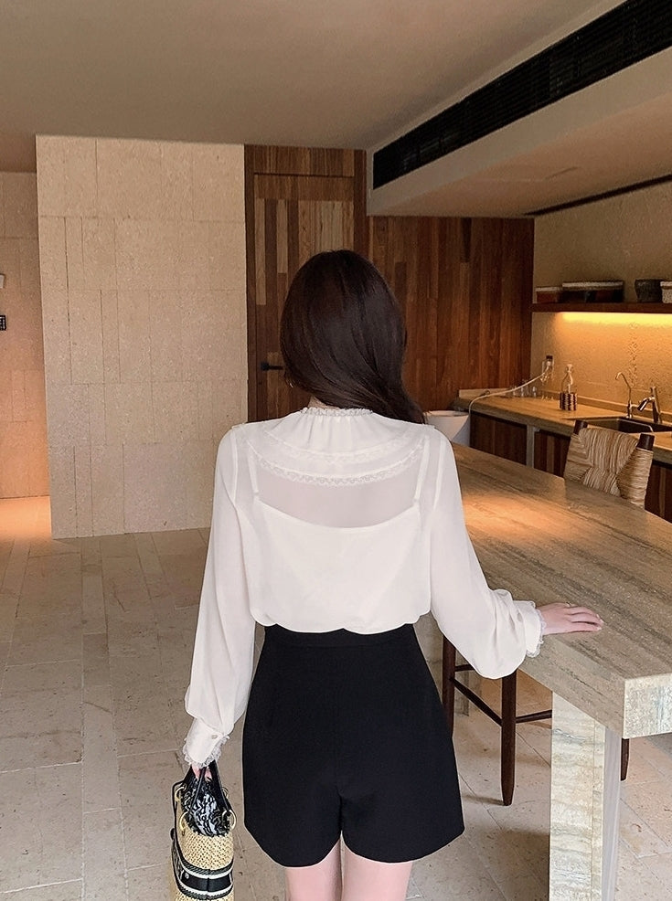 Beige Ruffles Lace Flowy Blouse