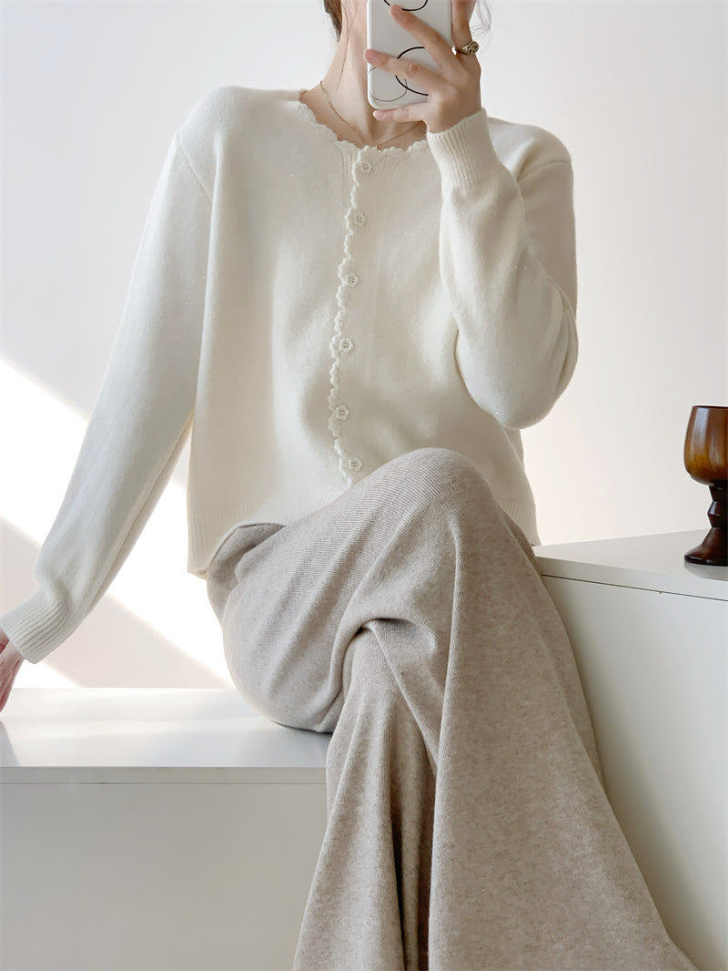 Beige Scallop Trim Knit Cardigan