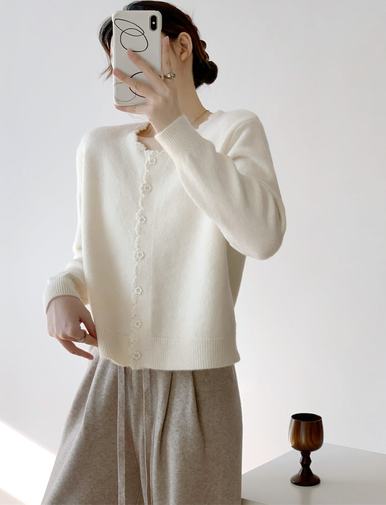 Beige Scallop Trim Knit Cardigan