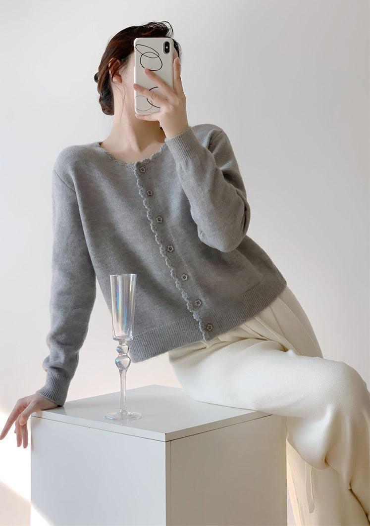 Beige Scallop Trim Knit Cardigan