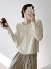 Beige Scallop Trim Knit Cardigan