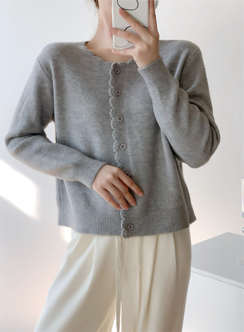 Beige Scallop Trim Knit Cardigan