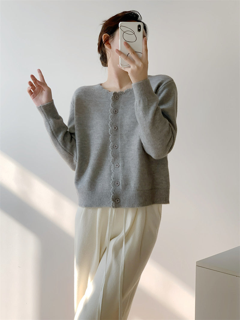 Beige Scallop Trim Knit Cardigan