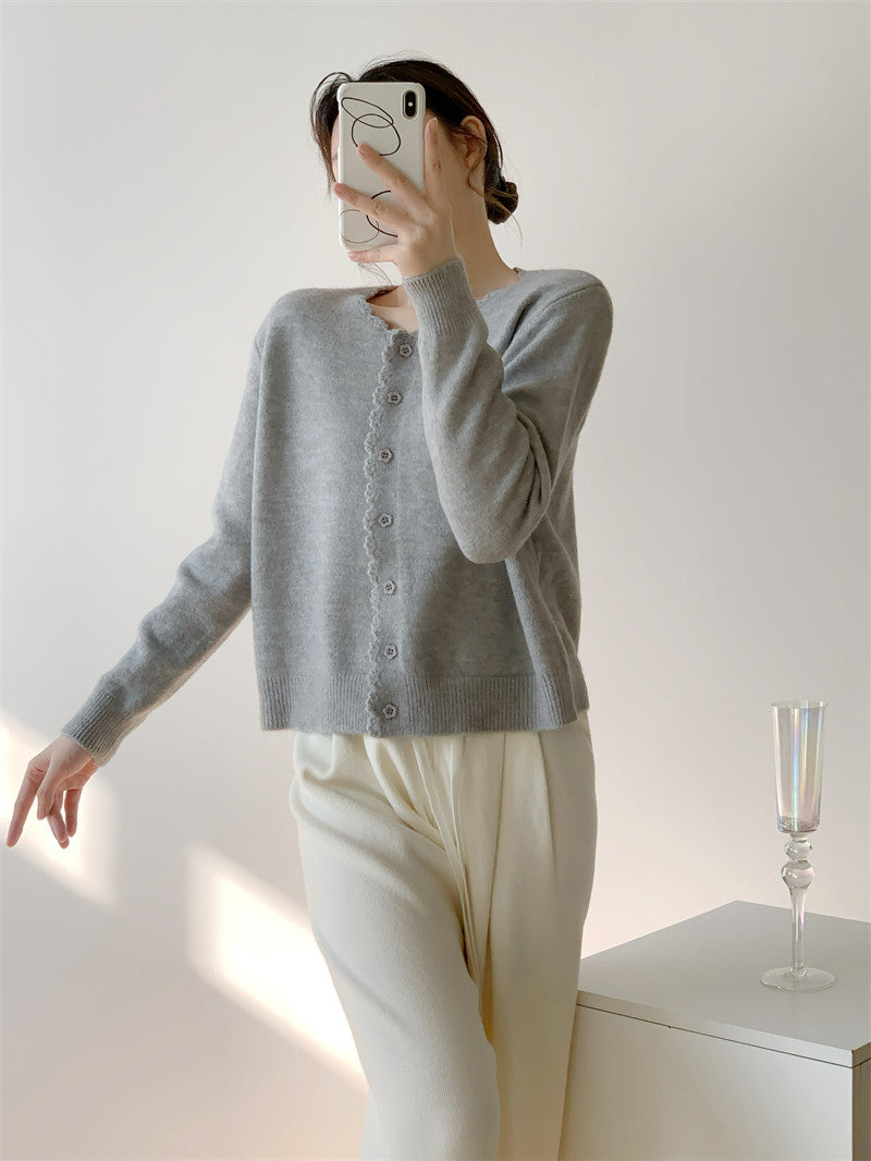 Beige Scallop Trim Knit Cardigan