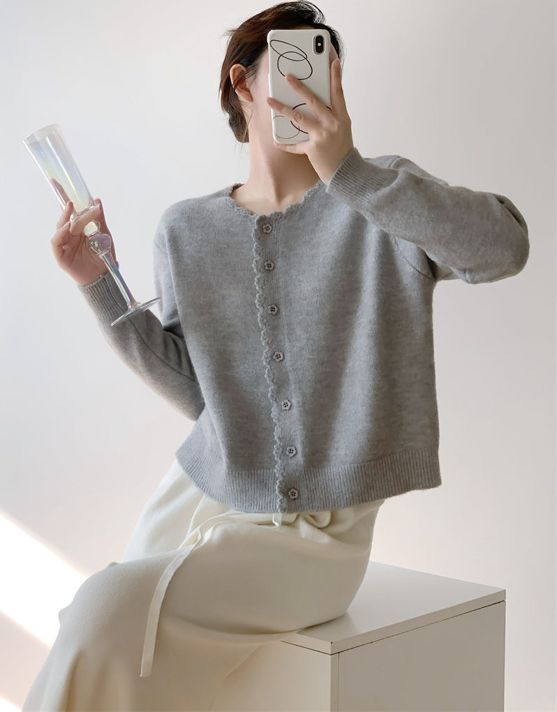 Beige Scallop Trim Knit Cardigan