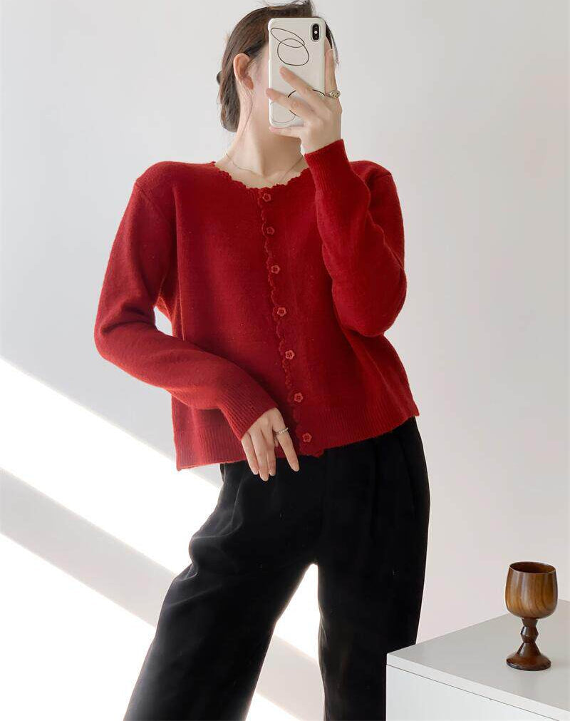 Beige Scallop Trim Knit Cardigan