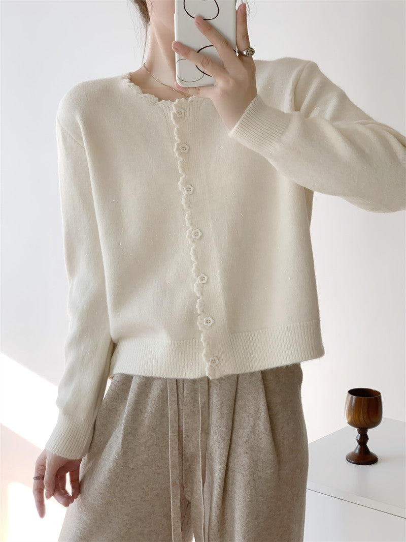Beige Scallop Trim Knit Cardigan