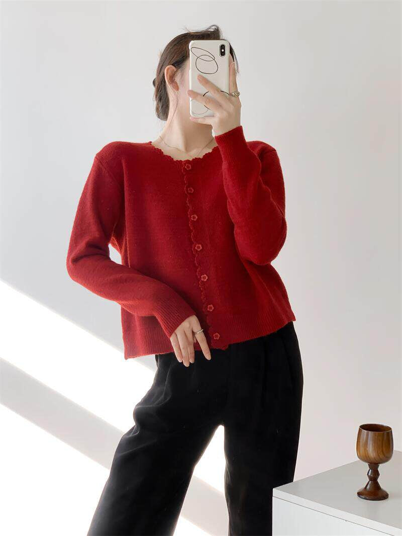 Beige Scallop Trim Knit Cardigan