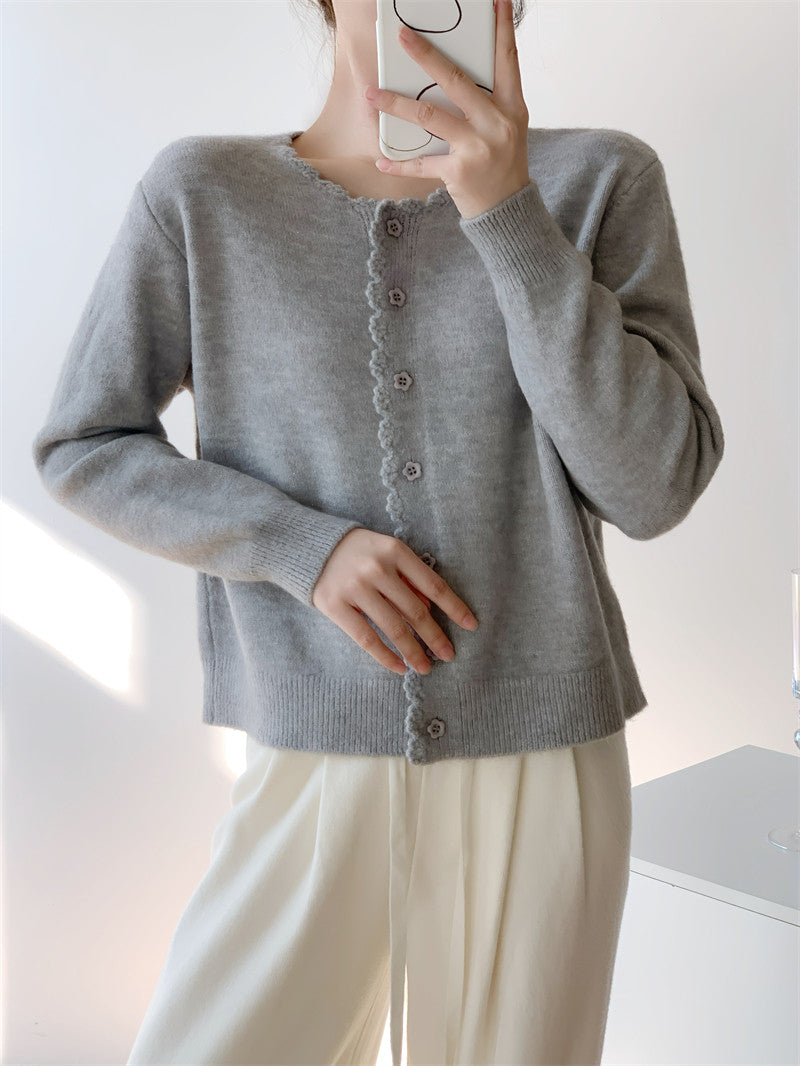 Beige Scallop Trim Knit Cardigan