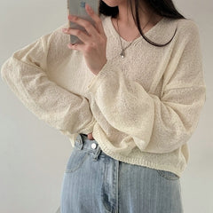Beige See-Through Loose Sweater