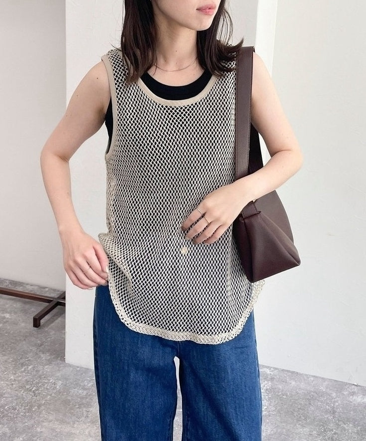 Beige See-Through Mesh Tank Top